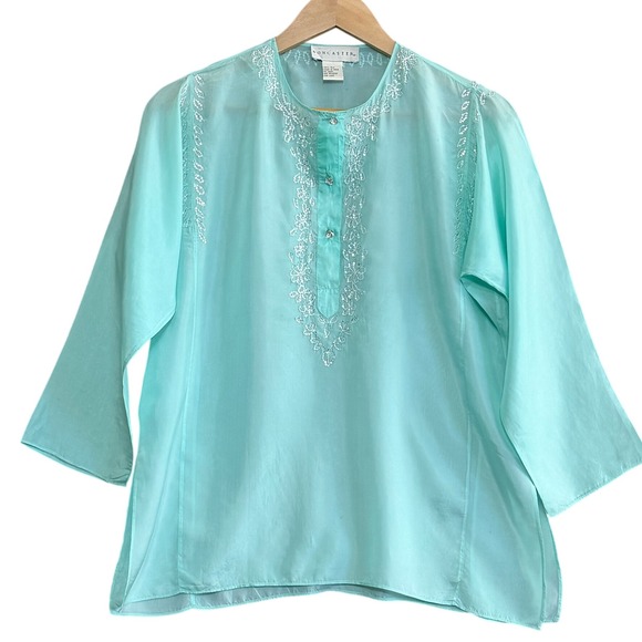Doncaster Tops - Doncaster Turquoise 100% Silk Embroidered Sequin Tunic M Old Money Classic